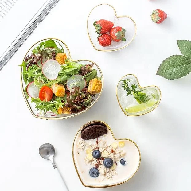 

Nodic style high quality home gold rim salad/fruit/milk/dessert/snake glass lovely heart shaped bowl, As picture or customized