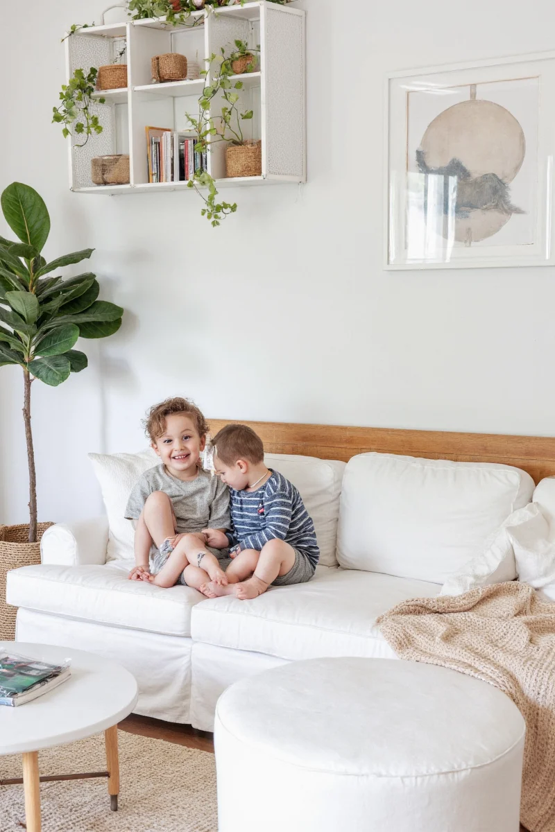 Modular toy storage cubes in a living room
