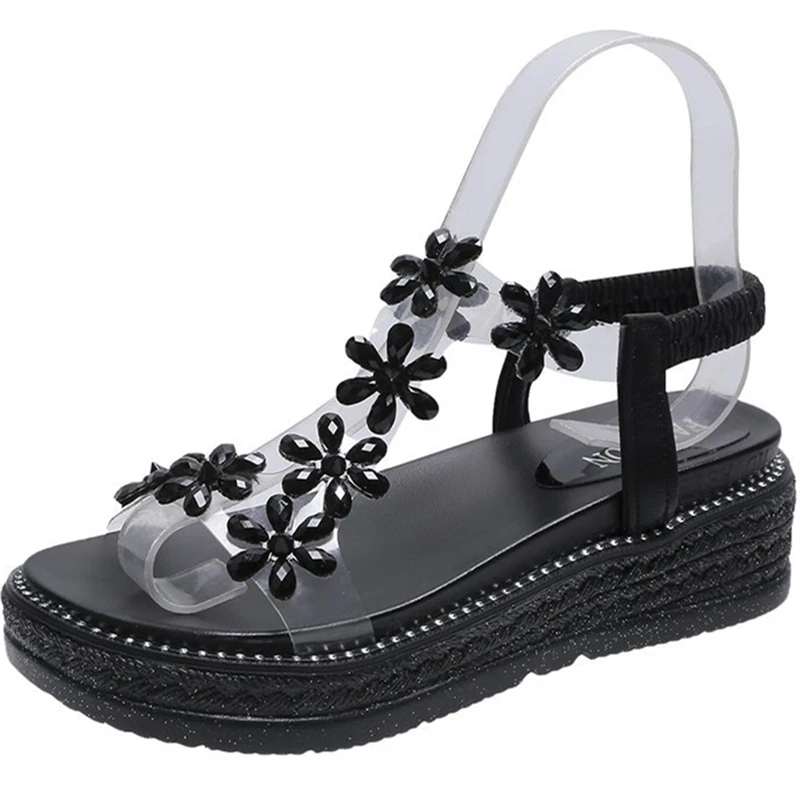 

Women's Summer 2021 New Korean Version of The Wild Mid-heel Rhinestone Platform Wedge Heel Roman Shoes Open Toe Shoes