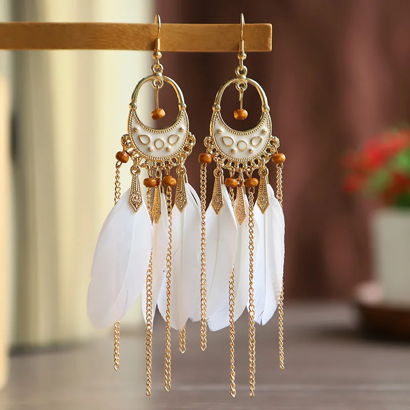 

Style Long Tassel Feather Earrings Women Bohemian Personality Bead Stud Earrings Jewelry One Piece
