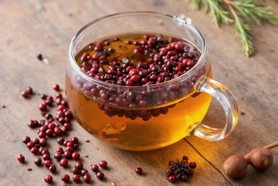 Juniper berry tea preparation showing crushed berries in teapot with water