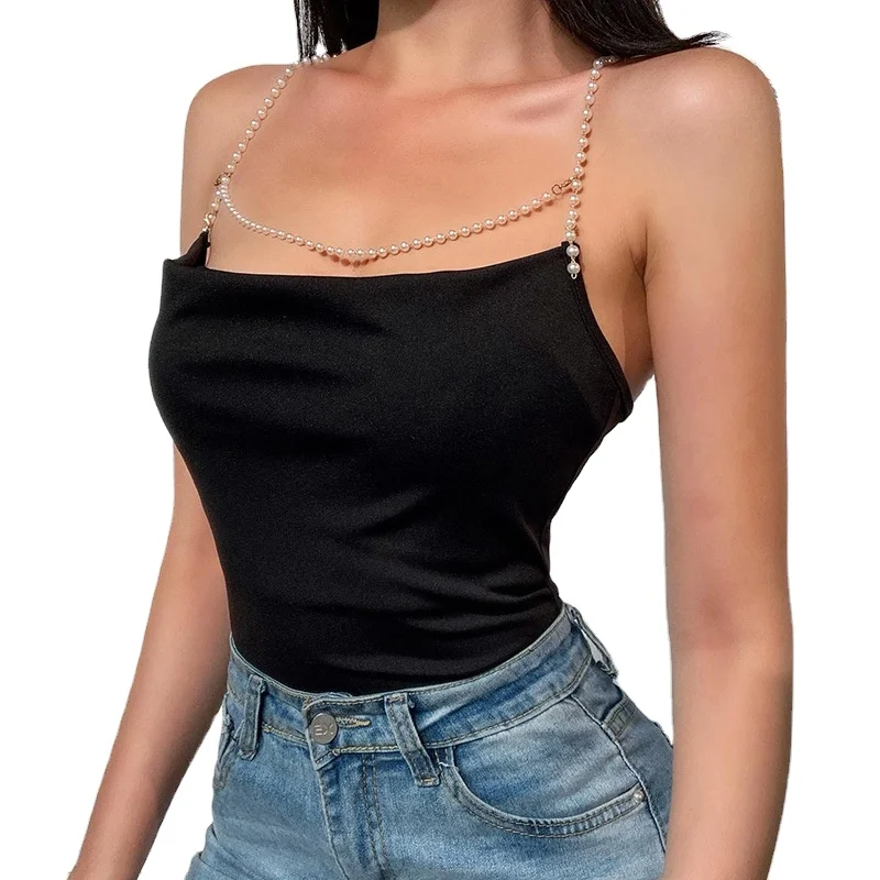 

wholesale OEM Bulk Pearl Chain Sleeveless Crop Top Sexy hot girl sexy camisole tops women, As picture