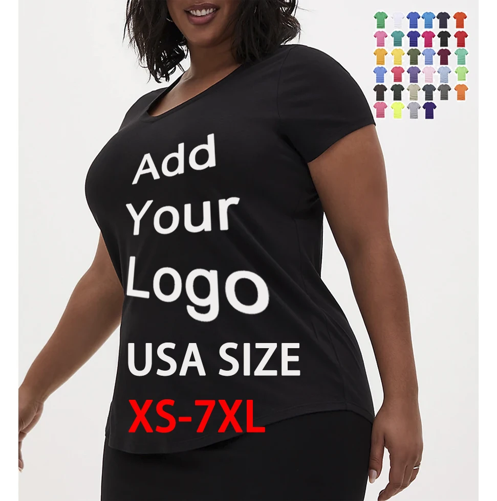 

V-neck Usa Size Tshirt Diy Oversized Women T-shirt Plus Size Custom Logo Women's 100% Cotton O-neck T-shirts Big Size Tshirt
