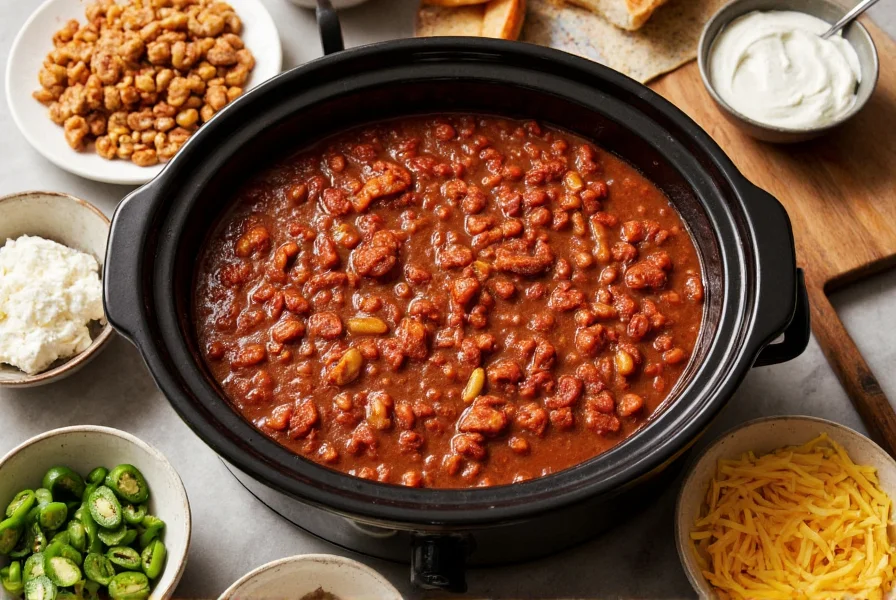 Large slow cooker filled with rich red chili surrounded by bowls of toppings like sour cream, shredded cheese, and jalapeños for game day