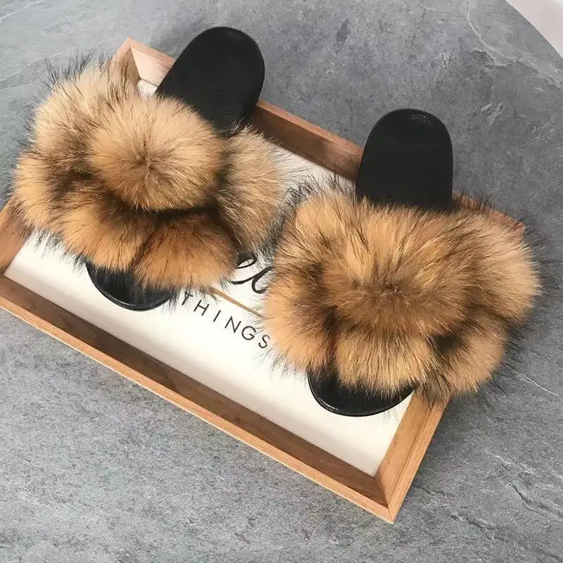 

Large fur slide and fur handbag cover ladies fur slippers