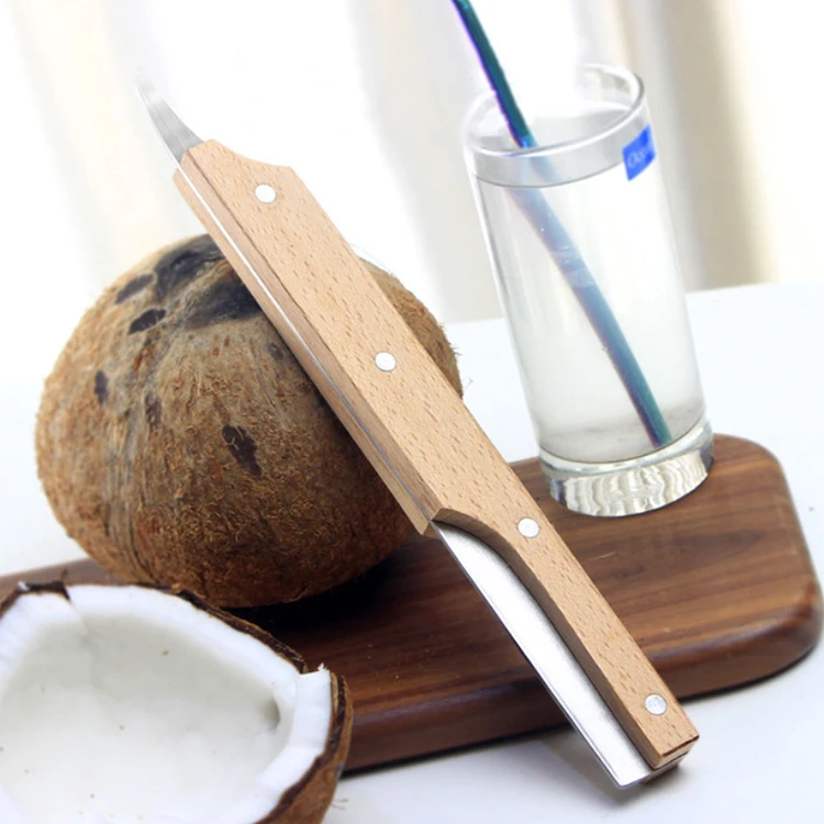 

C274 Stainless Steel Coconut Meat Removal Fruit Tool Coconut Shell Opener Kitchen Gadget Wooden Handle Coconut Opener