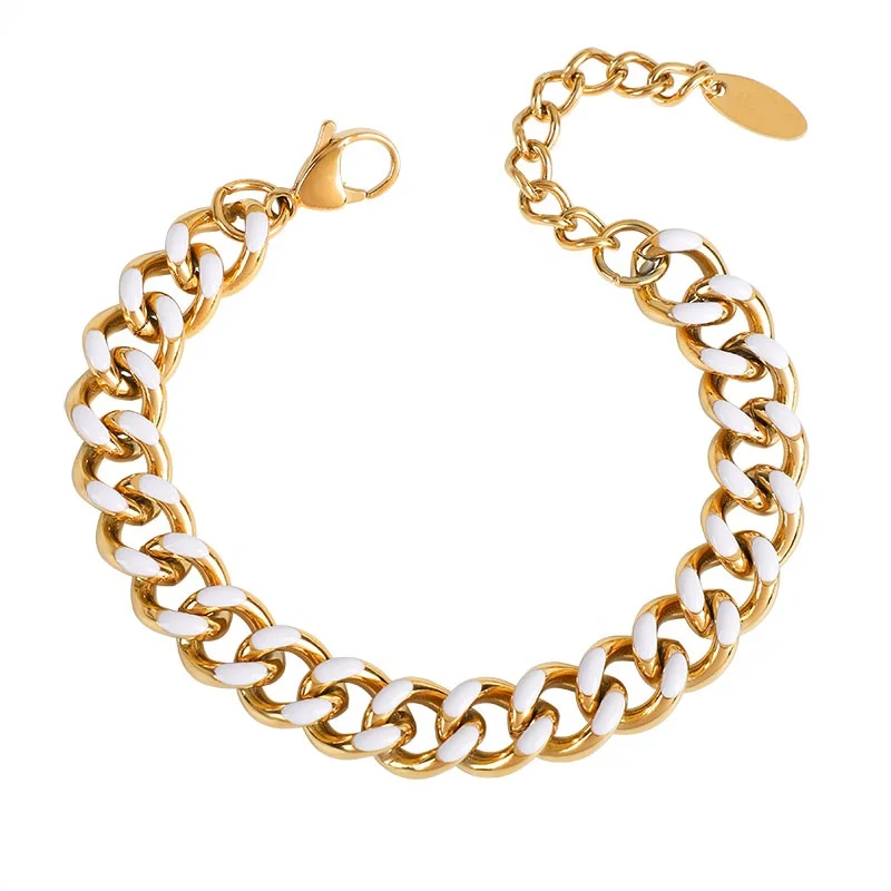 

New Model 18K Gold Plated Stainless Steel Hand Chain Jewelry Colorful Enamel Cuban Chain Bracelet