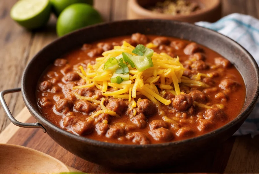 Bowl of steaming homemade chili meat with melted cheese topping and fresh garnishes