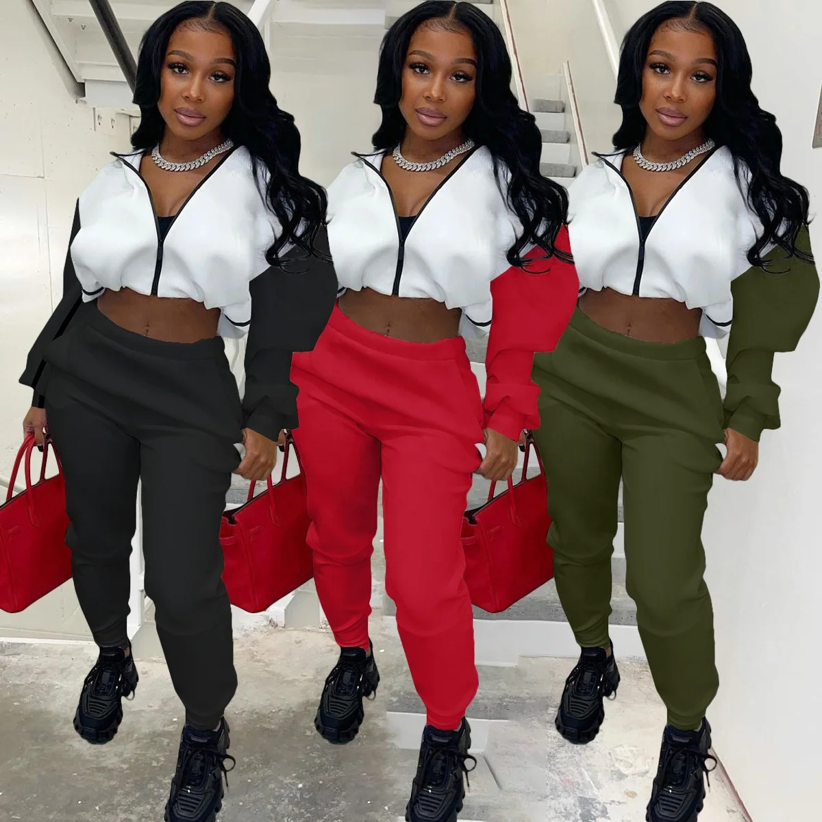 

KX- SL7028 Wholesale fashion patchwork lady spring and fall women cropped hoodie 2 piece pants set