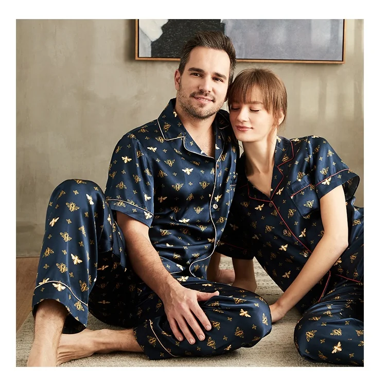 

High Quality Men's Silk Pajamas Half Sleeve 2PC Soft Luxury Women's Pajamas Mens Pajama Sets