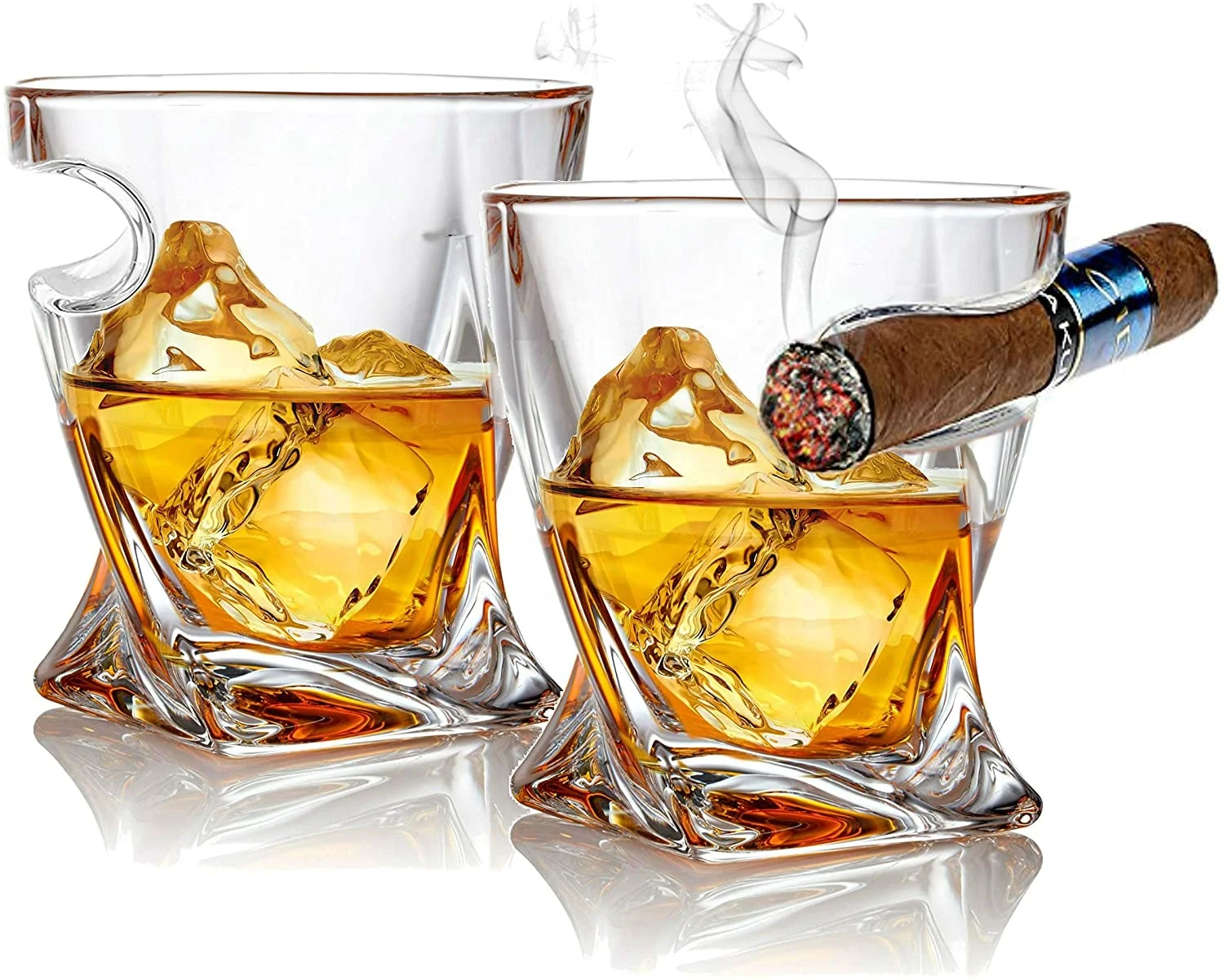 

Promotional Price Cigar Whiskey Glass Old Fashioned Tumbler Glasses with Side Mounted Cigar Holder Rest Wine Drinkware, Clear