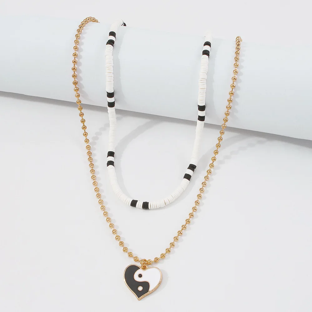 

Fashion Multi-layer Black White Tai Chi Heart Pendant Jewelry for Women Soft Pottery Chain Jewelry Female Clay Necklace, Picture shows