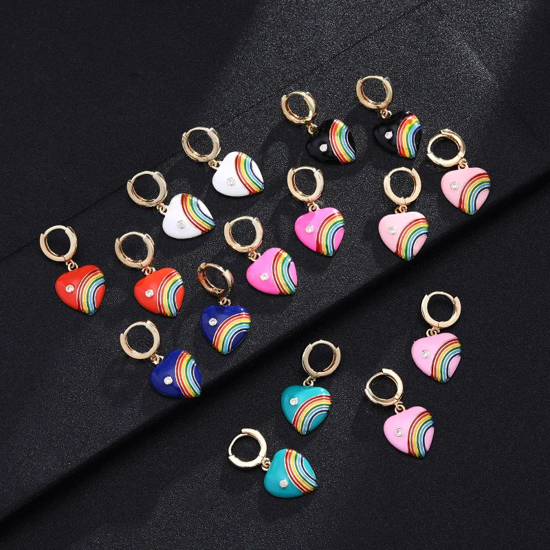 

Amazon Best Selling Real Gold Plating Heart Shape Multi Color Oil Drip Earrings Enamel Rainbow Cubic Zircon Hoop Earrings