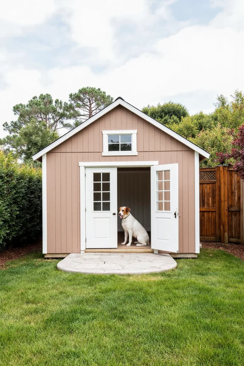 Golden retriever relaxing near a pastel-colored wooden shed with flower boxes and potted plants