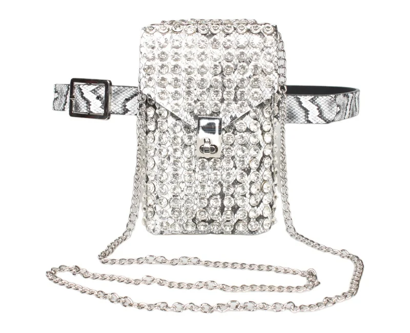 

European and American fashion versatile single shoulder bag chain messenger bag water drill inlaid mobile phone Pu waist bag, Customized color