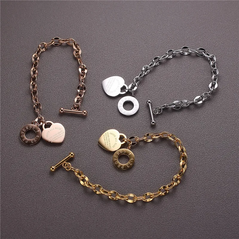 

2021 Chinese Factory Custom Heart Pendant Rose Gold Plated Chain Bracelet Women Charms Hip Hop Bracelets Bulk