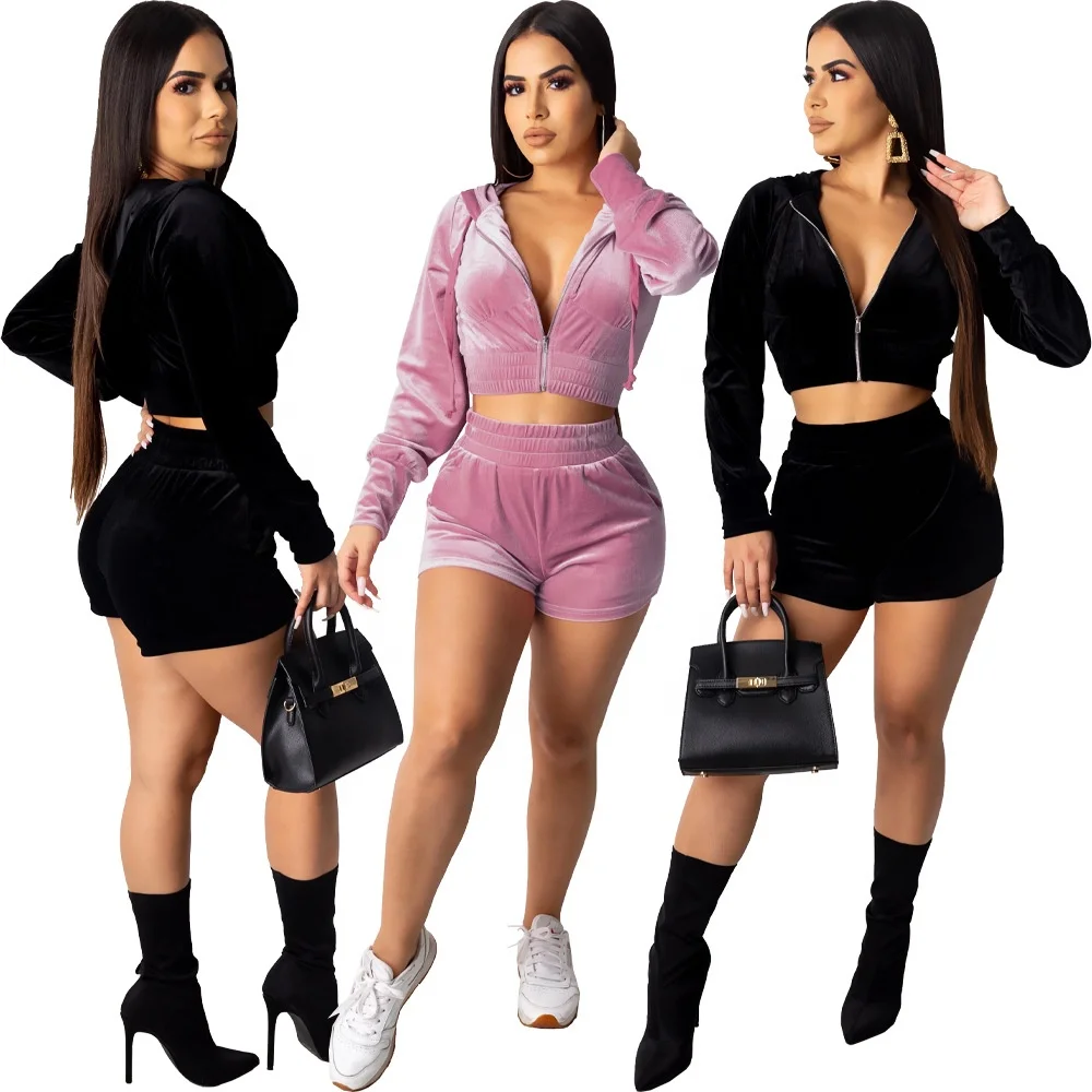 

2021 Wholesale Women Hoodie Velvet Cropped Jacket Two Piece Sweat Biker Shorts Set Sexy Velour Matching Tracksuit Pants Outfit