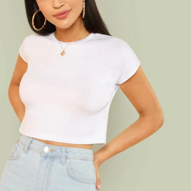 

Solid Short Sleeve Cropped Tee Ladies Sexy White Plain t shirt Custom Short Sleeves Fitted Casual Tops, Customized color