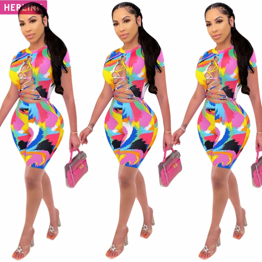 

H3611 - women modern print short sleeve bandage bodycon jumpsuit