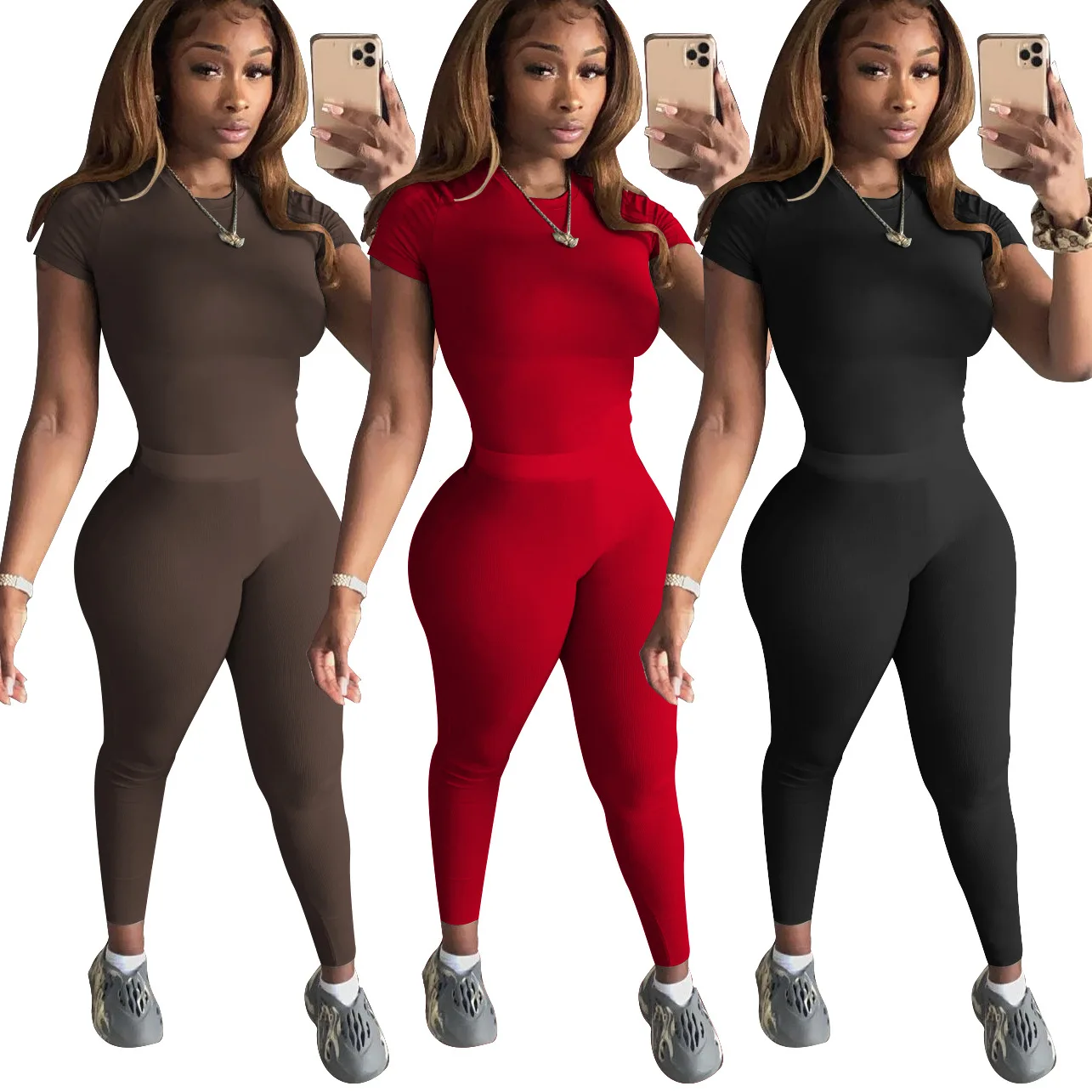 

X02596M Casual short sleeve crop tops and jogging suit Fashion solid color slim yoga suit Sexy women's two pieces pants set