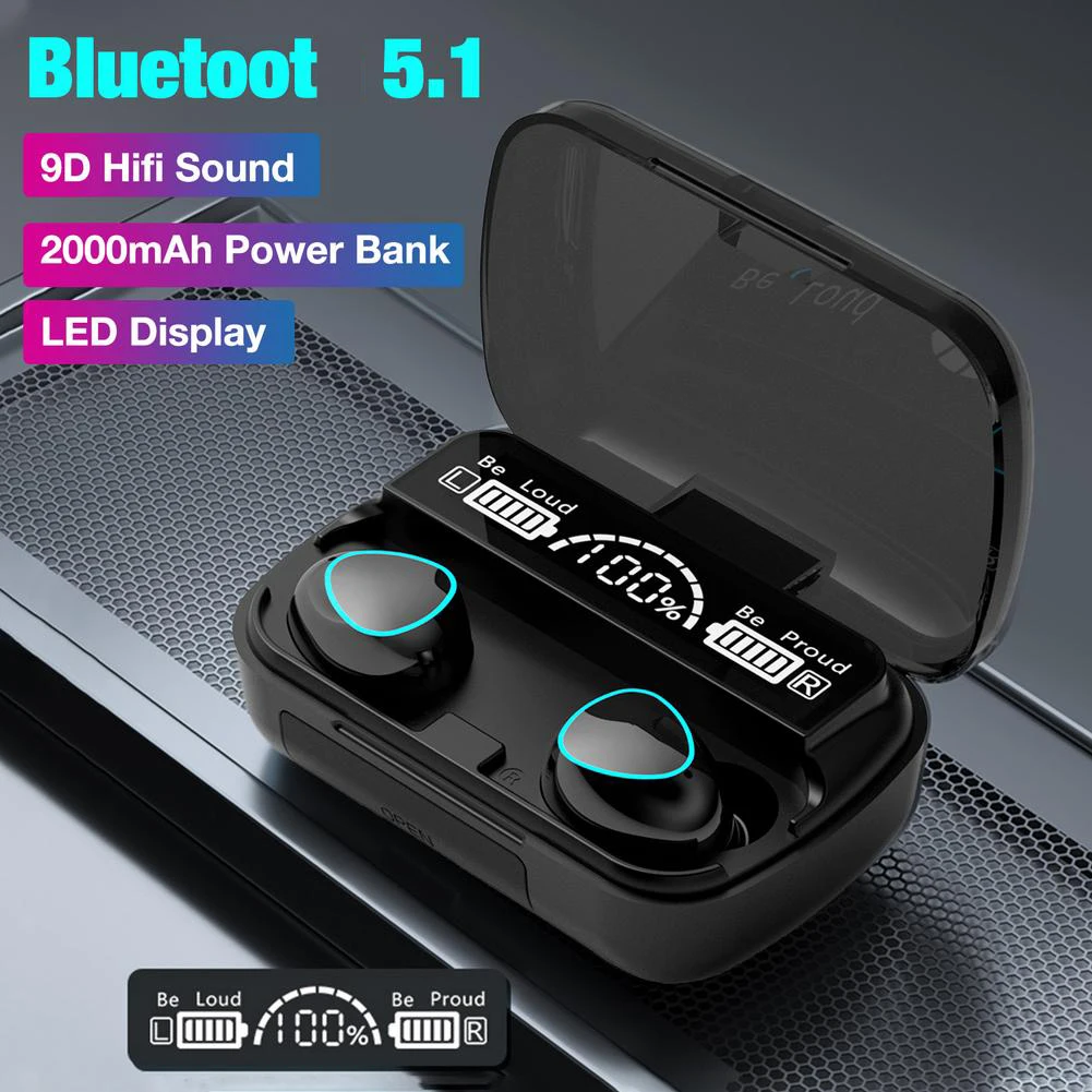 

Update M10 TWS Wireless Earphones V5.1 Headphone HIFI Stereo Earbuds Waterproof M10 Wireless Headsets 2000mAh Power Charging Box, Black