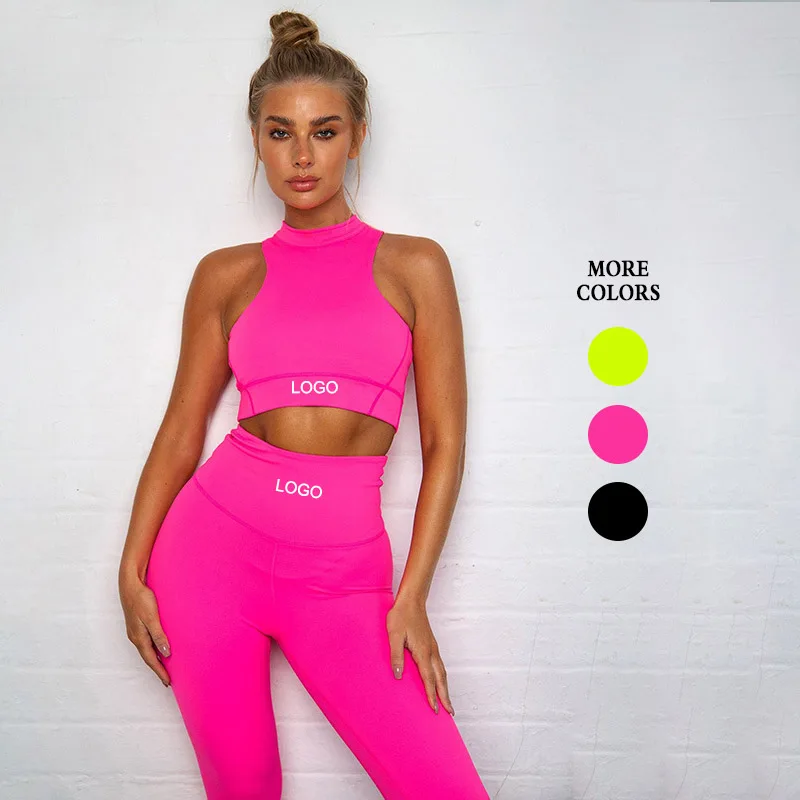 

2020 Custom Sexy Fitness Two Piece Clothing Pink Apparel Crop Top And Leggings Womens Yoga Sets, Pink,yellow,black, also can be customized