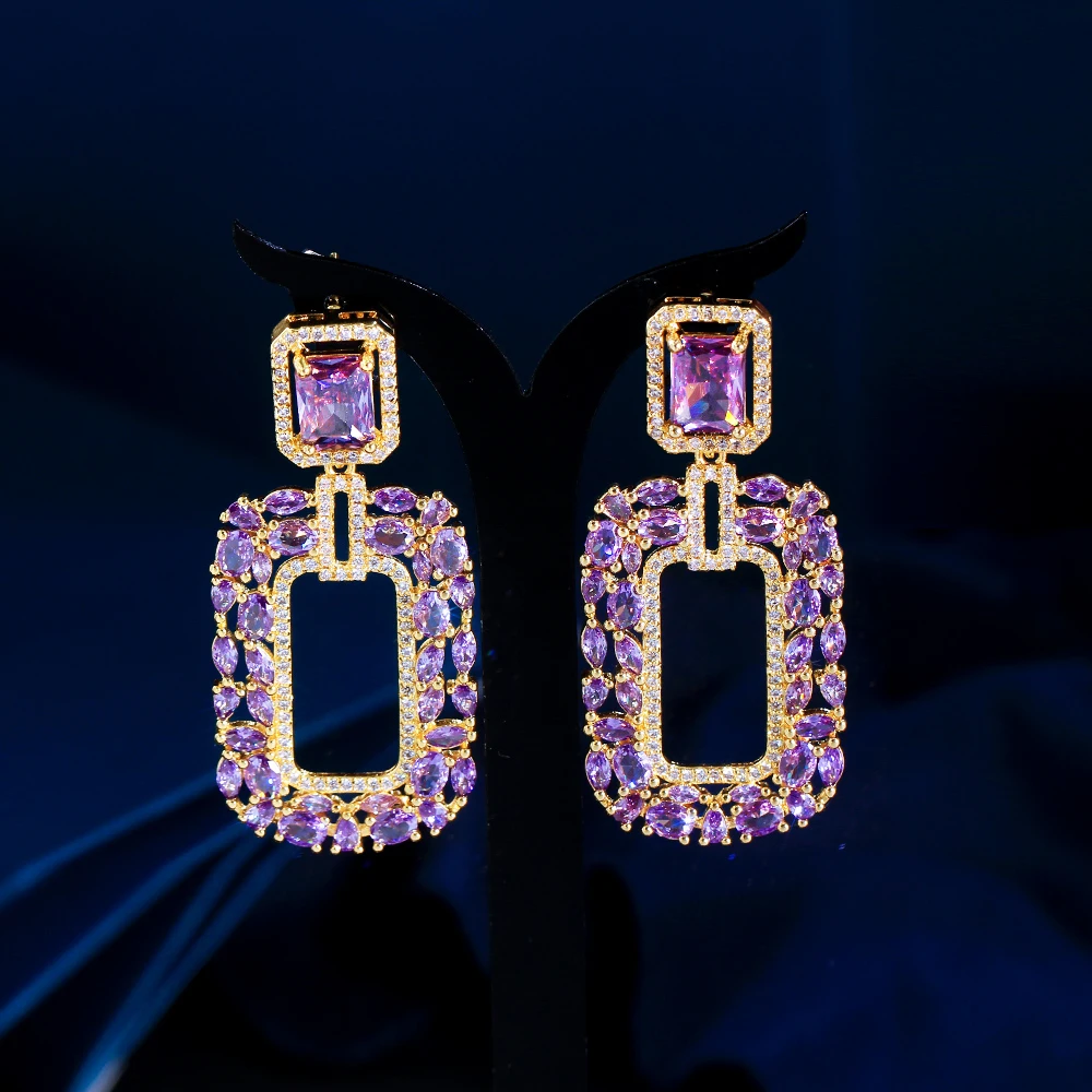 Trendy Purple Cubic Zirconia 18k Gold Plated Square Dangle Drop Earrings for Women Wedding Party Beauty Pageant Jewelry