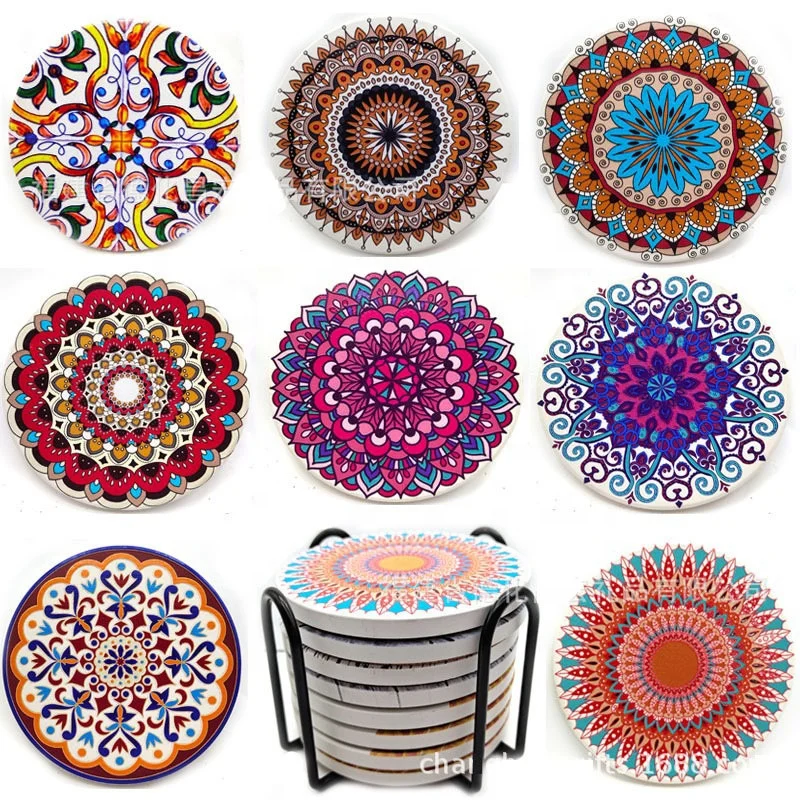 

Absorbing Stone Mandala Coasters for Drinks Cork Base For Apartment Kitchen Room Bar Decor, Colorful