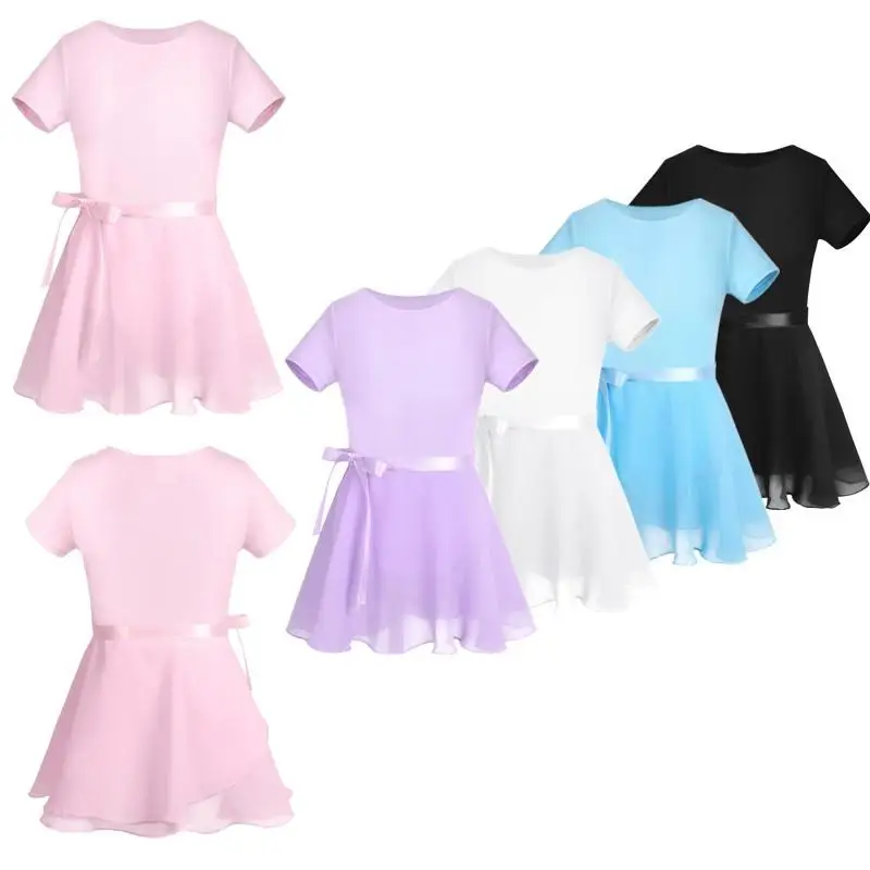 

New Arrived Ballet Dance Tutu Dress Kids Girls Short Sleeves Gymnastic Dance Wear Costumes Leotard And Skirt Outfit Set