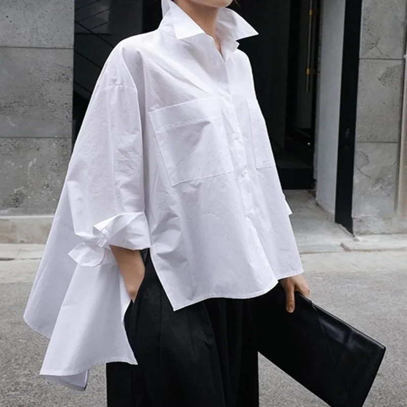 Wholesale 2026 Spring and Summer Casual Loose Irregular Blouse Fashion Large Size commuter Style Long-sleeved White Blouse