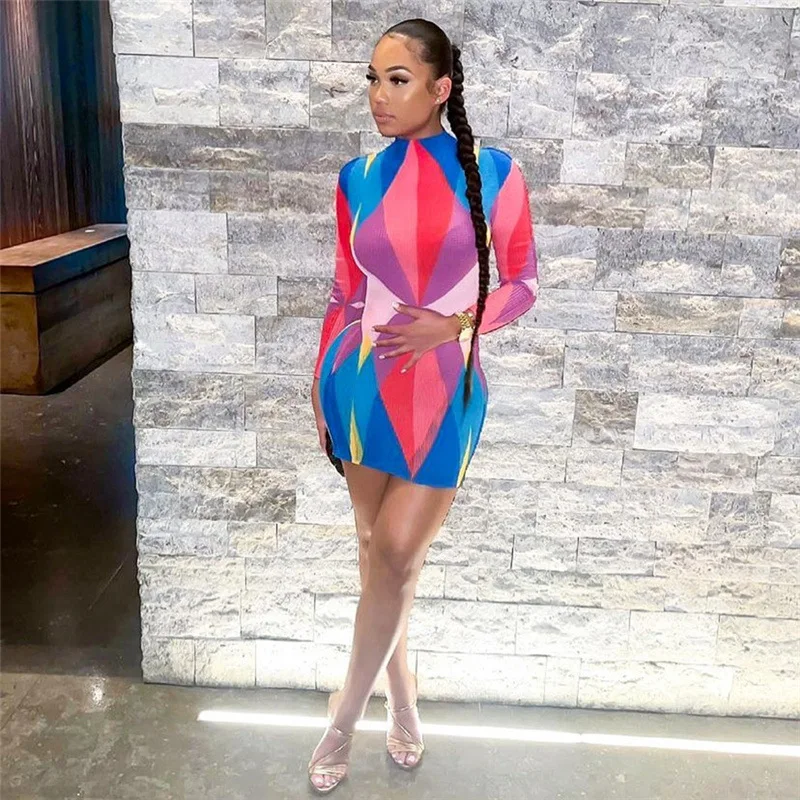 

Skinny Tropical Fruit Color Long Sleeve Club Dresses 2021 Rib Casual Dresses Women