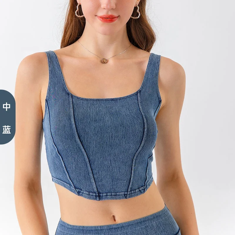 

New Denim Yoga Sports Tank Top Women U Stretch Outer Wear Quick Dry Fitness Top