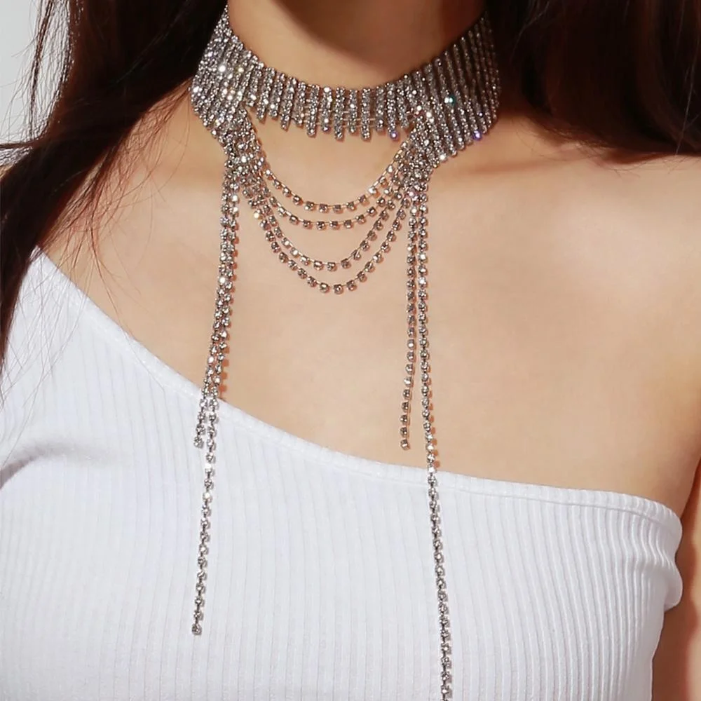 

B24237A Accessories Retro simple multilayer rhinestone tassel necklace, Gold, silver, colorful, rose gold