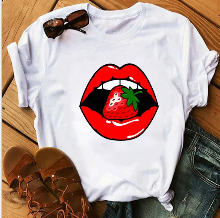 

Red Mouth Lip Love Print T Shirts Base O-Neck Short Sleeve Women T-shirt All-match White Tee Funny women's blouse tops