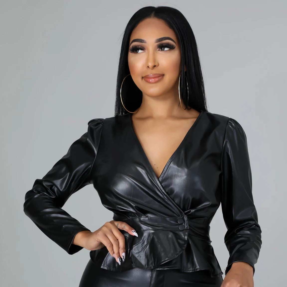 

2021 autumn and winter new flocked leather women's jacket long-sleeved V-neck button fashion leather jacket