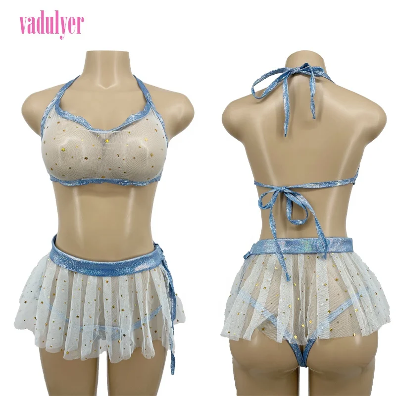 

Vadulyer Three Pieces Thong Mesh Top Leg Garter Rhinestones Stripper Outfit, Picture