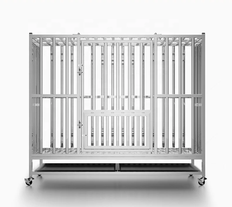 

304 Foldable Stainless Steel Stackable Pet Dog Cage Crate Kennel Mat With Wheels, Silver