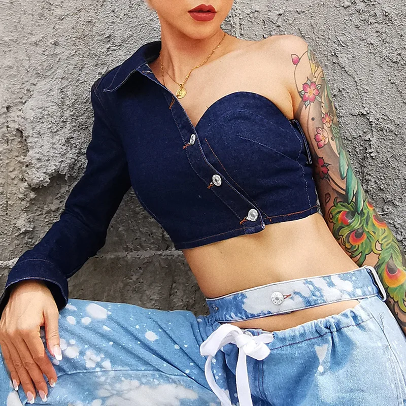 

2020 New Arrivals Autumn collection Women One-shoulder fashion Casual Ladies denim jacket