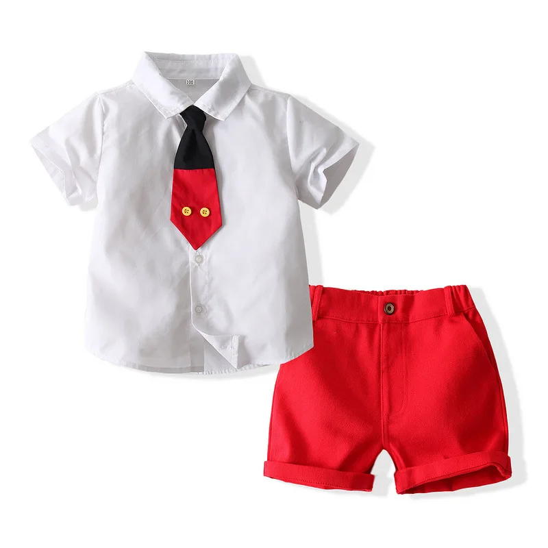 

F20189A Summer 2021 new children's short sleeve shirt gentleman's tie shorts suit clothes set for boys, White, black