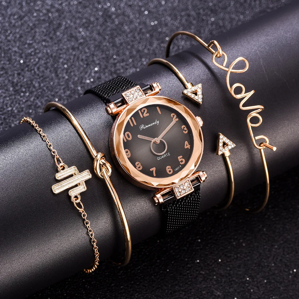 

Ladies Alloy Wrist Watch Bracelet 5 Pcs Set Casual Luxury Watches Bracelet Set