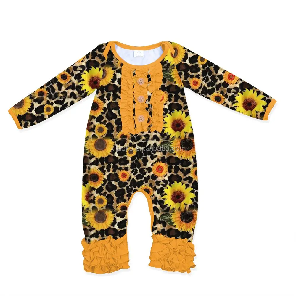 

Hot Sale Sunflower Print Long Sleeve Toddler Boutique Clothing Baby Girl Clothes Romper, Picture