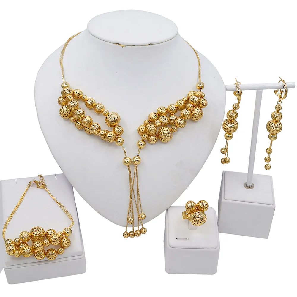 

Non-fade Brazil Women Wedding Bracelet Jewelry Set Guangzhou Wholesale 18k Gold Plated Beaded Small Ball Necklace Jewelery Sets