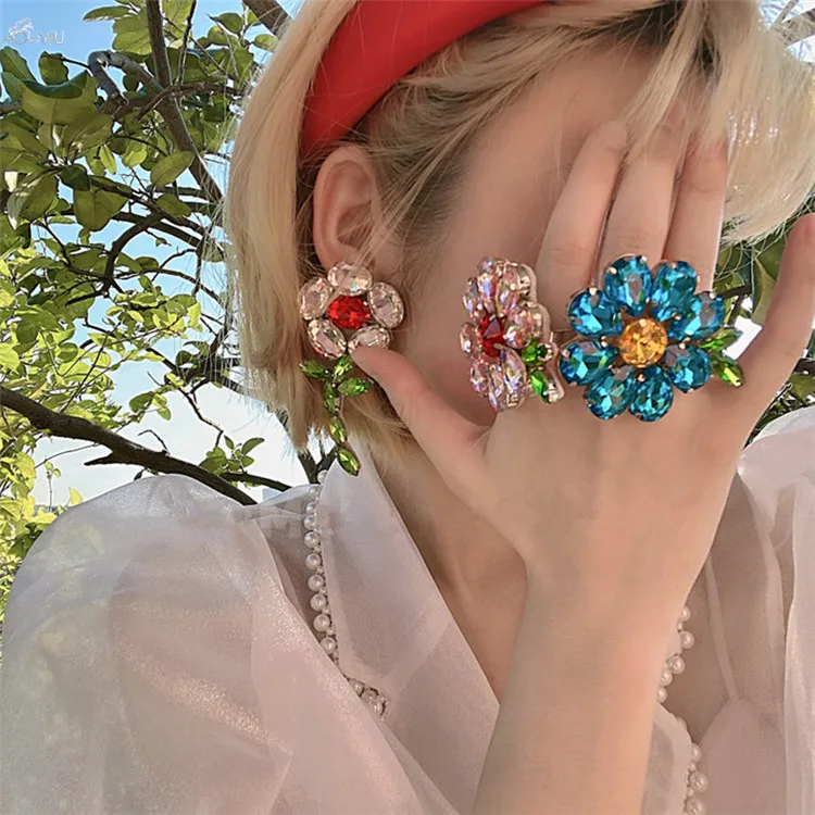 

Exaggerated Colorful Crystal Flower Earrings Rhinestones Big Flower Bloom Rings for Women Party Jewelry Gifts