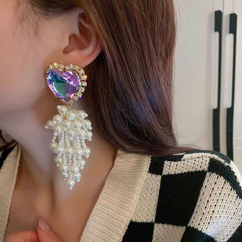 

fashion 11cm drop big heart rhinestone earrings