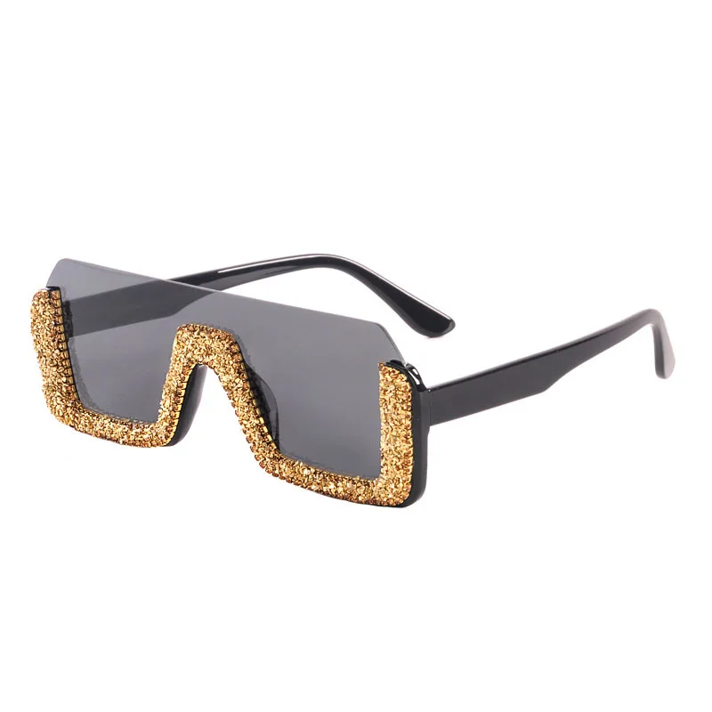 

Trendy Half Rim Sunglasses Rhinestone Shiny Gravel Big Square Frame, 6 colors