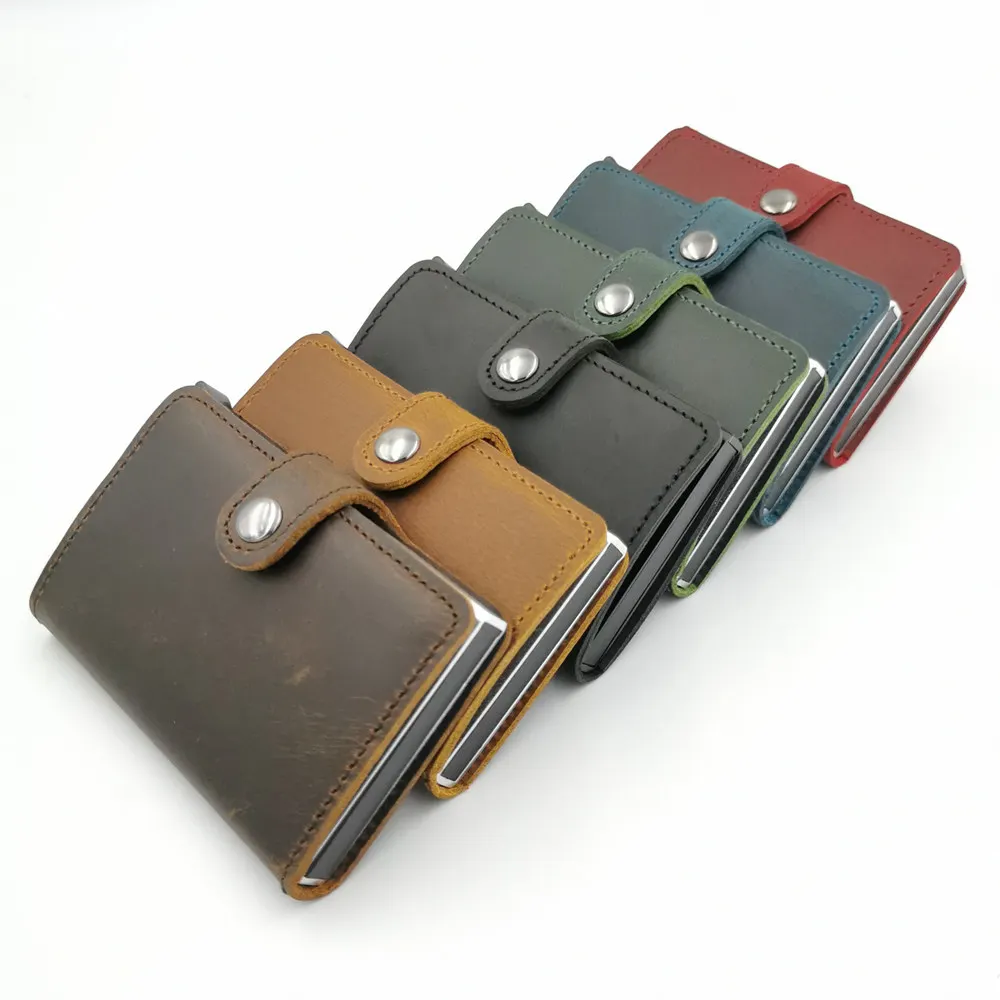 

Wholesale New product ideas 2022 RFID Blocking Automatic Aluminium Credit Card Real Genuine Leather Card Holder Pop Up Wallet