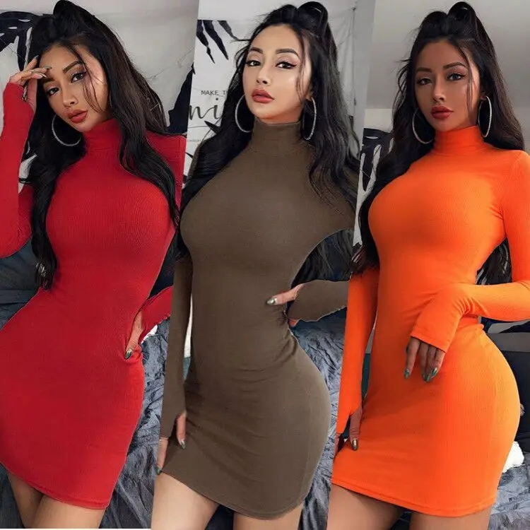

High quality Slim-fit high-necked long-sleeved bag hip dress at home solid color base party dress long sleeve bodycon dress, Black green orange gray brown red yellow red-wine apricot