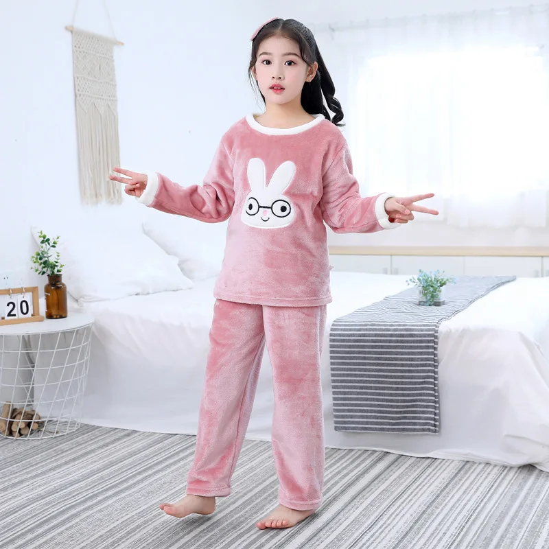 

2020 Autumn Winter New Girls And Boys Flannel Suit Warm Pajamas Cartoon Cute Embroidered Coral Fleece Children Homewear