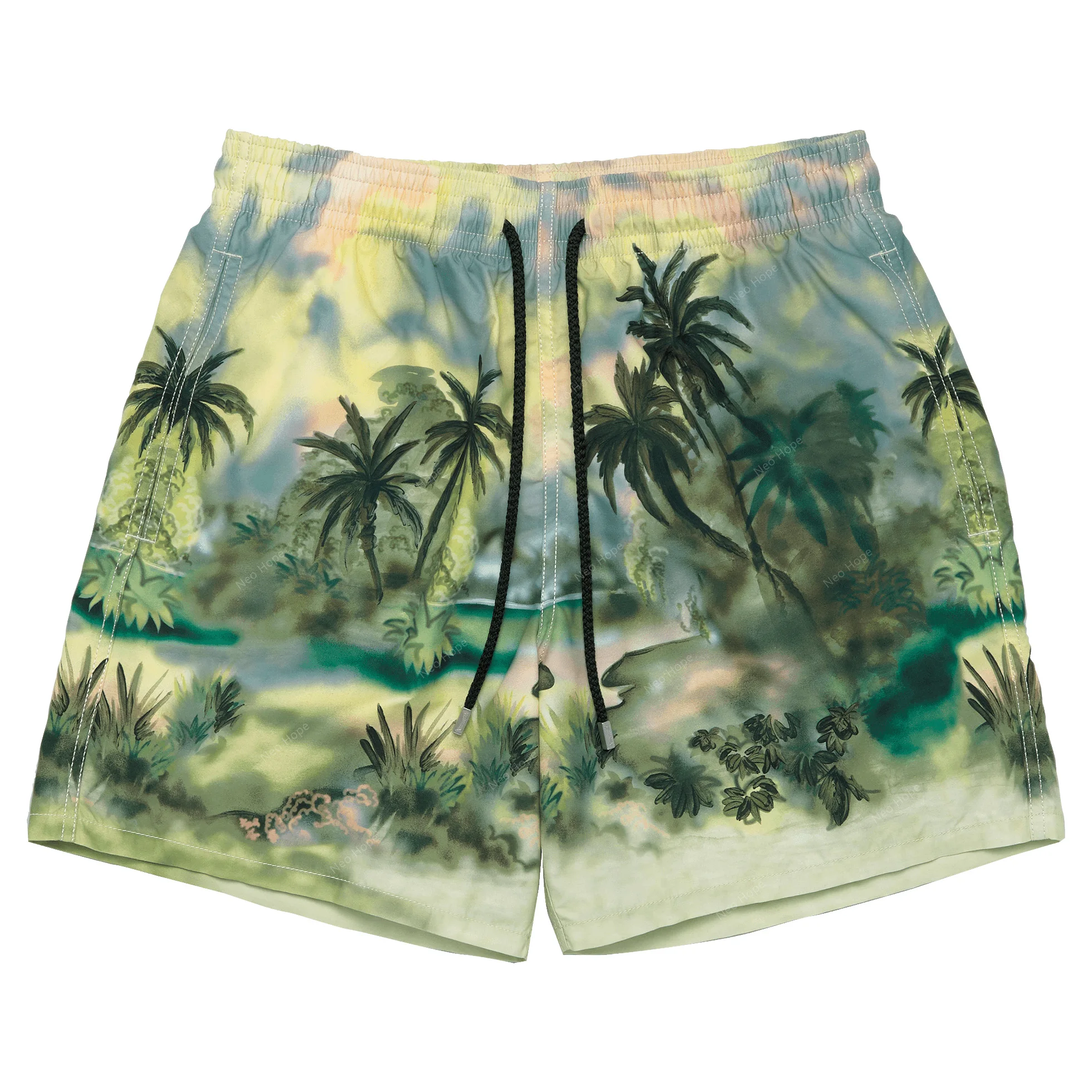 

Custom Logo Full Sublimation Graffiti Palm Jungle Swimwear Mesh Lining Elastic Waistband Drawstring Men's Quick Dry Beach Shorts