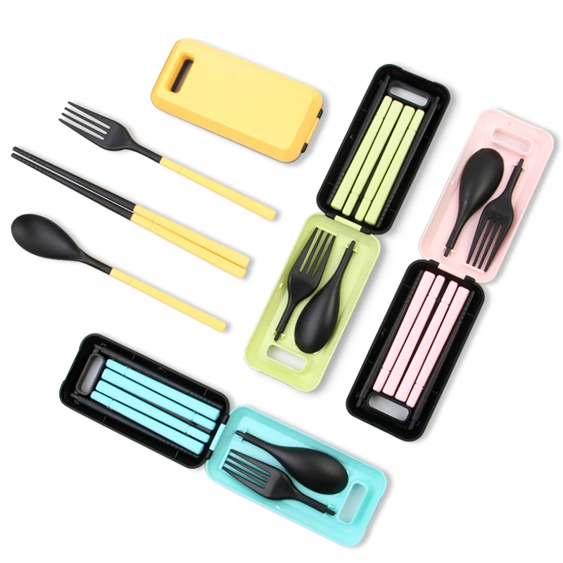 

Portable Foldable flatware Reusable collapsible spoon fork chopsticks Outdoor Camping Travel plastic cutlery set with case, Pink, yellow, blue, green